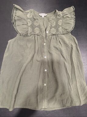 Nanette Lepore Olive Green Crochet Yoke Button-Front Flutter Sleeve Top